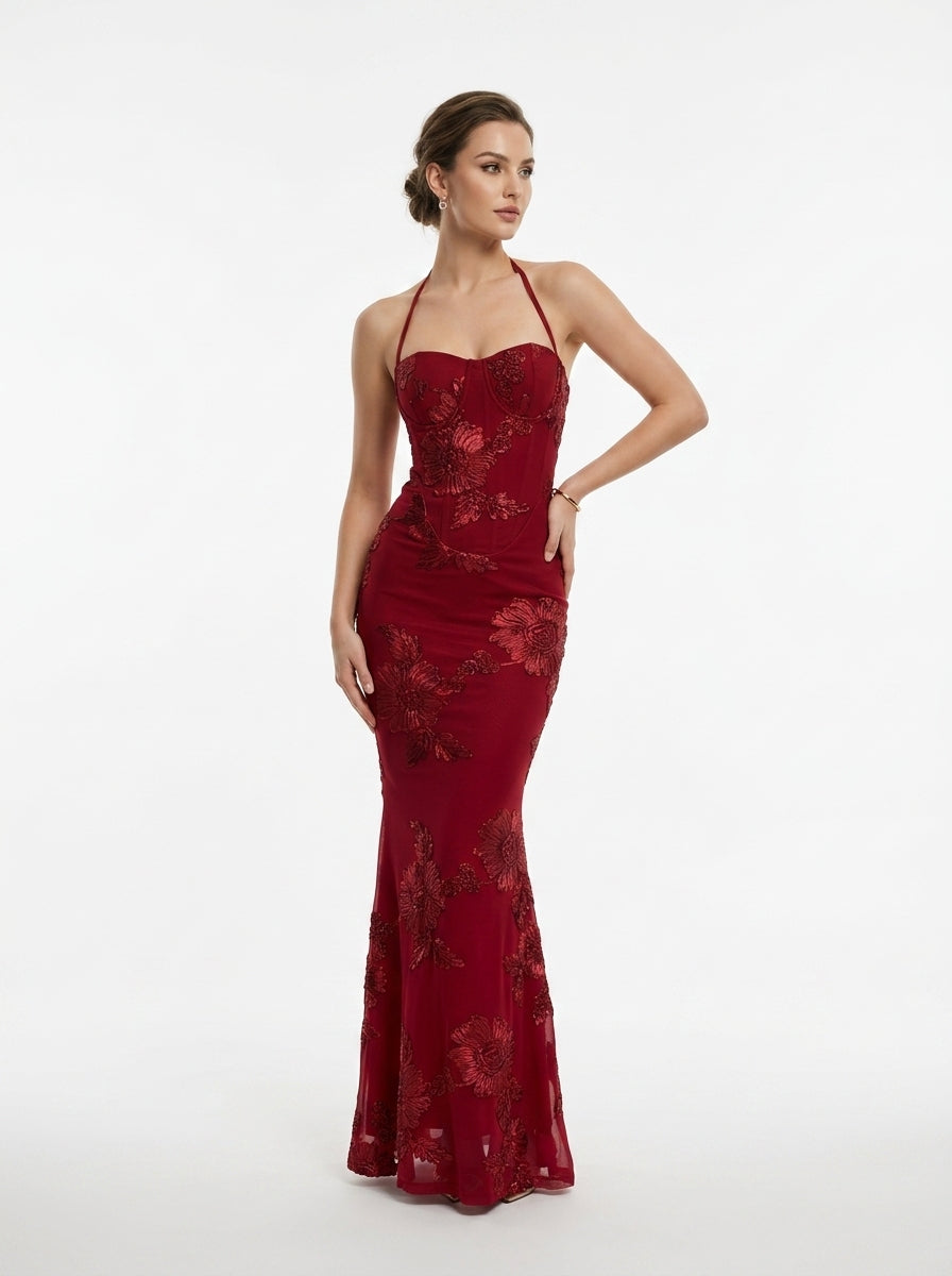 Women's Black Halter Neck Evening Gown with 3D Floral Appliques Mermaid Maxi Dress