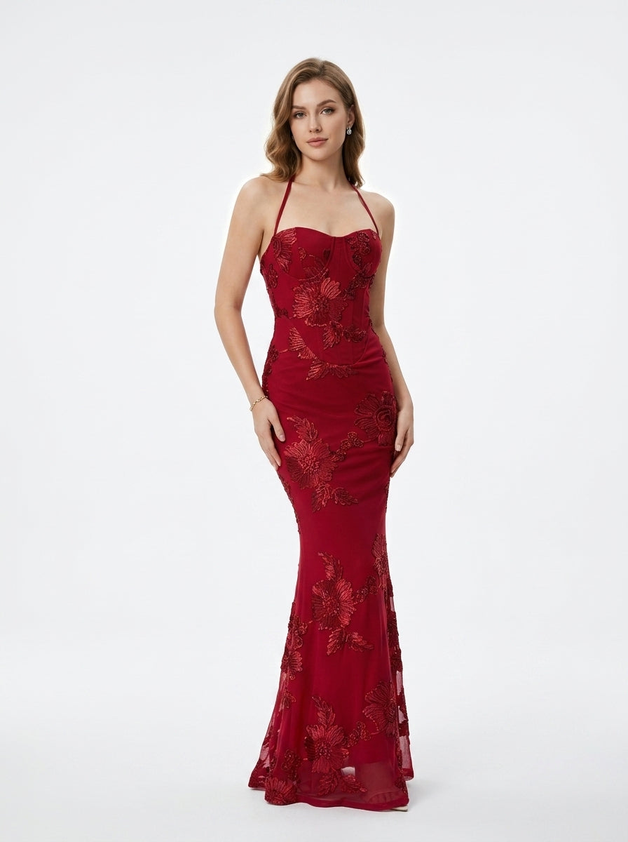Women's Black Halter Neck Evening Gown with 3D Floral Appliques Mermaid Maxi Dress