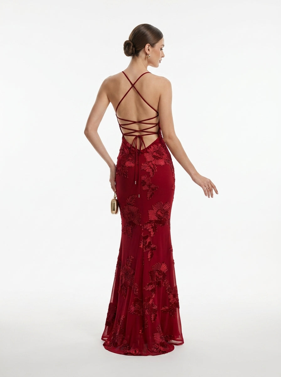 Women's Black Halter Neck Evening Gown with 3D Floral Appliques Mermaid Maxi Dress