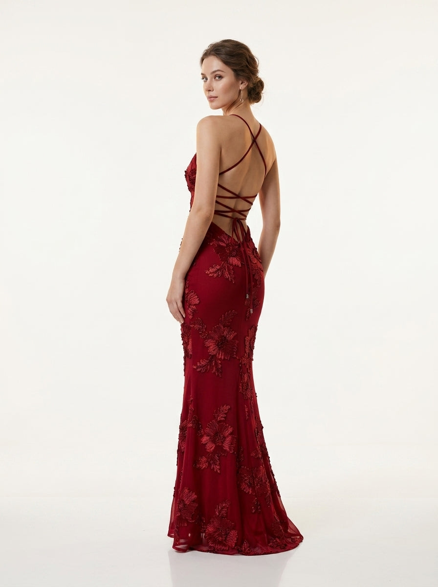Women's Black Halter Neck Evening Gown with 3D Floral Appliques Mermaid Maxi Dress