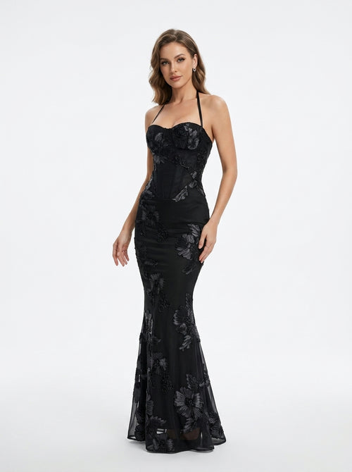 Women's Black Halter Neck Evening Gown with 3D Floral Appliques Mermaid Maxi Dress