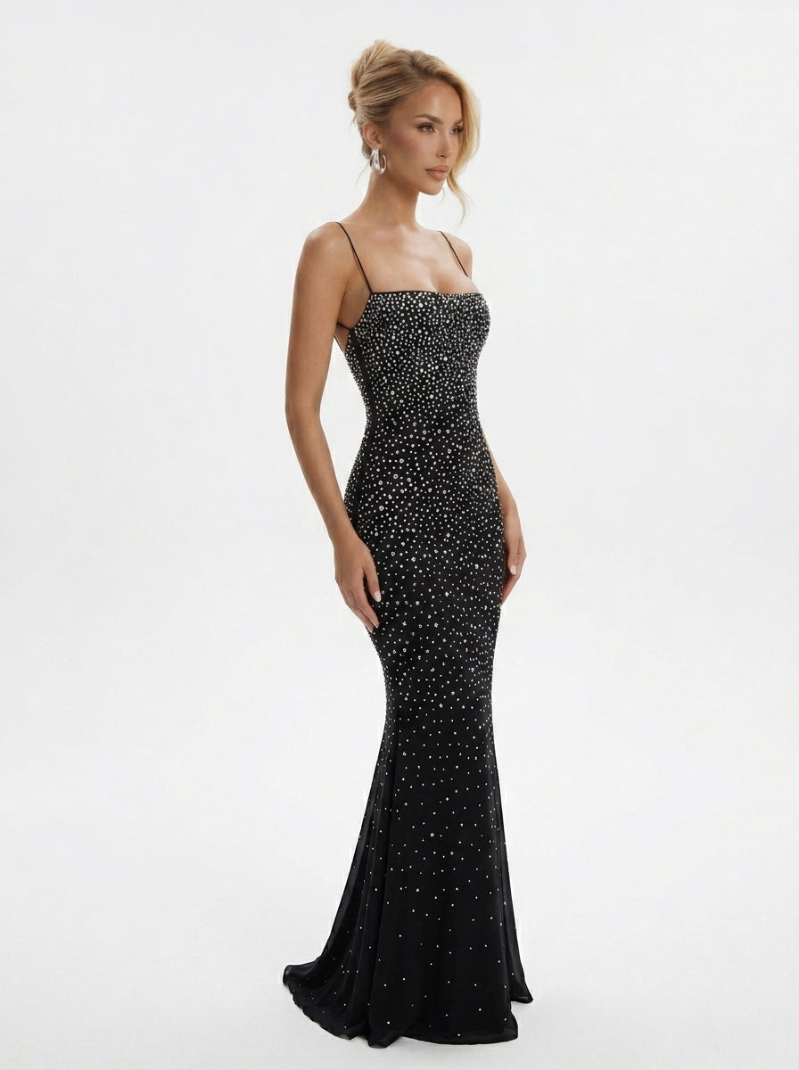 Vestido largo brillante de pedrería para mujer - Sexy, con tirantes finos, cuello cuadrado y purpurina, vestido de noche ajustado