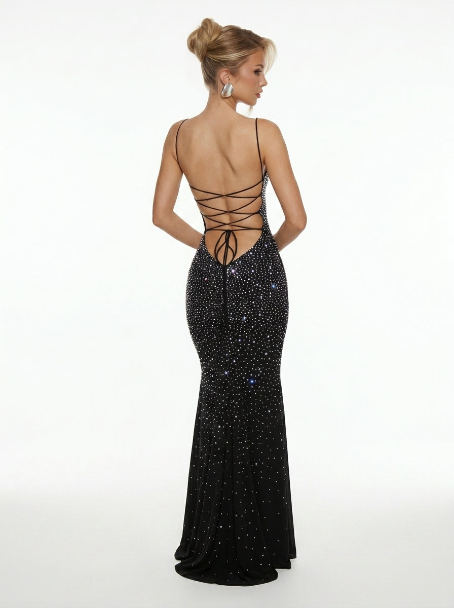 Women's Sparkly Rhinestone Maxi Dress - Sexy Spaghetti Strap Square Neck Glitter Bodycon Formal Gown
