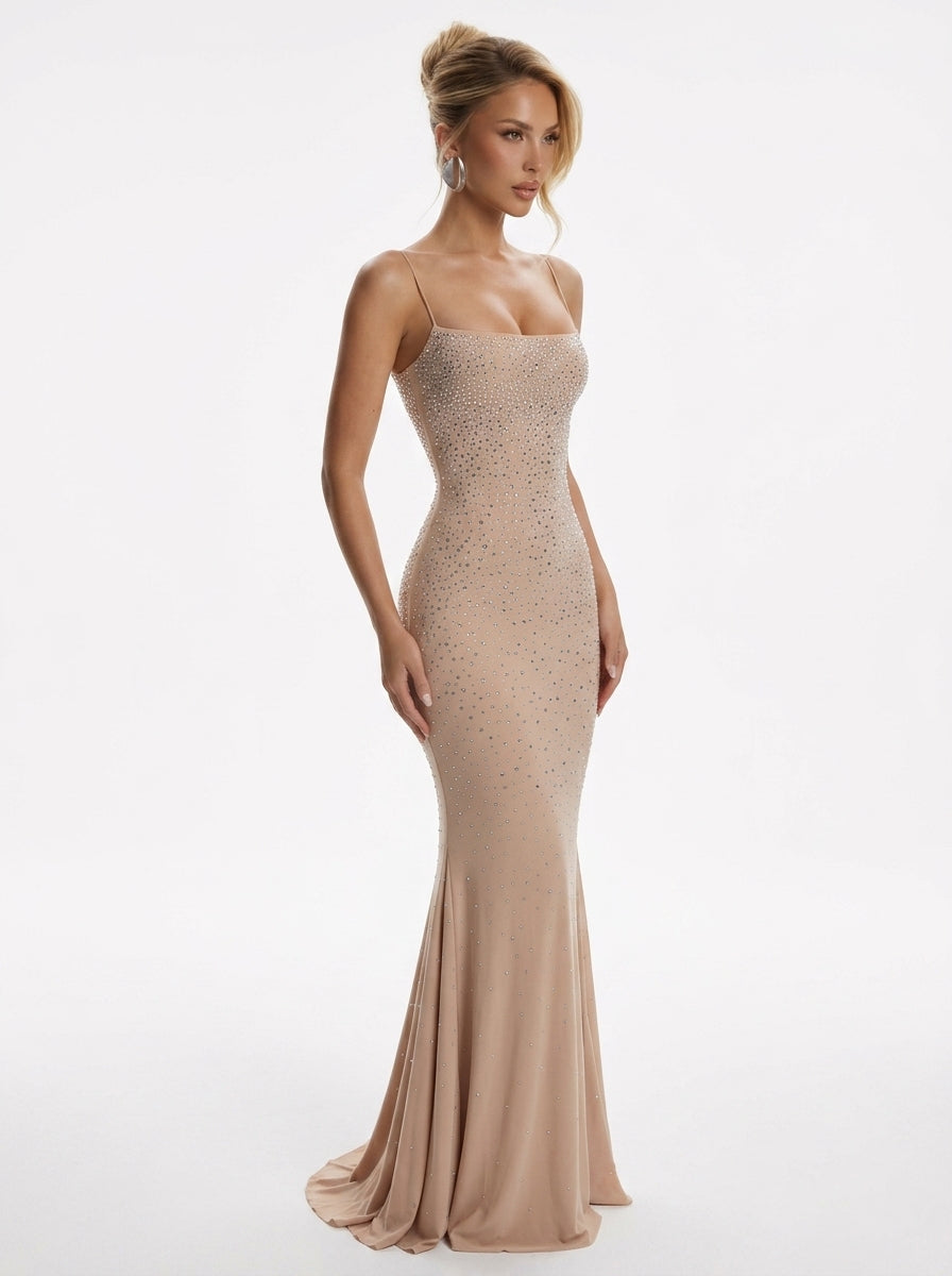 Vestido largo brillante de pedrería para mujer - Sexy, con tirantes finos, cuello cuadrado y purpurina, vestido de noche ajustado