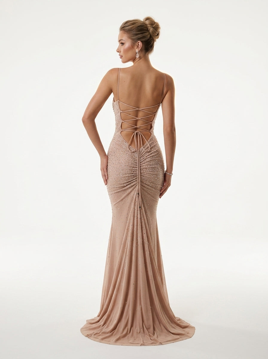 Vestido largo brillante de pedrería para mujer - Sexy, con tirantes finos, cuello cuadrado y purpurina, vestido de noche ajustado