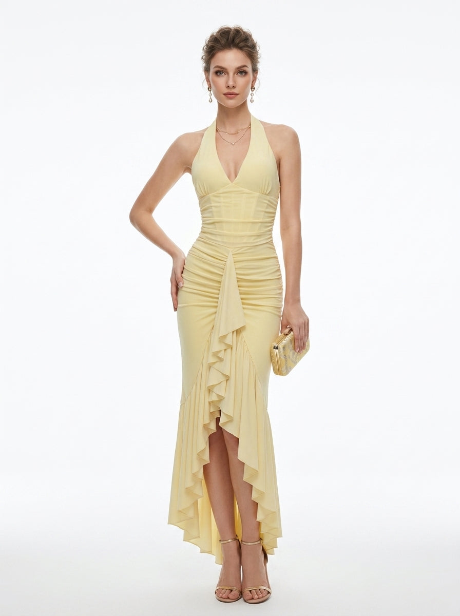 Women's Light Yellow Halter Neck Maxi Dress - Sexy Ruched Bodycon with Side Ruffle Slit Evening Gown