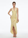 Women's Light Yellow Halter Neck Maxi Dress - Sexy Ruched Bodycon with Side Ruffle Slit Evening Gown