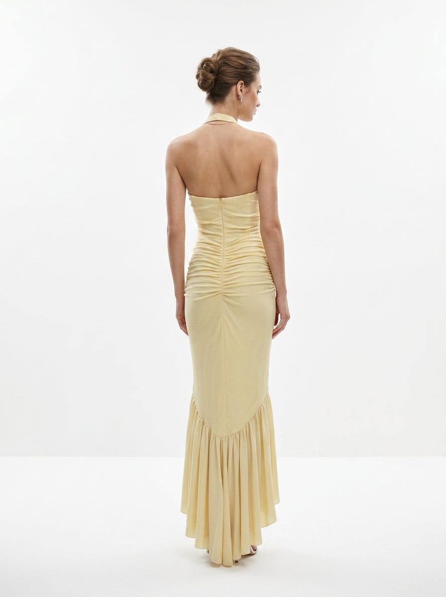 Women's Light Yellow Halter Neck Maxi Dress - Sexy Ruched Bodycon with Side Ruffle Slit Evening Gown