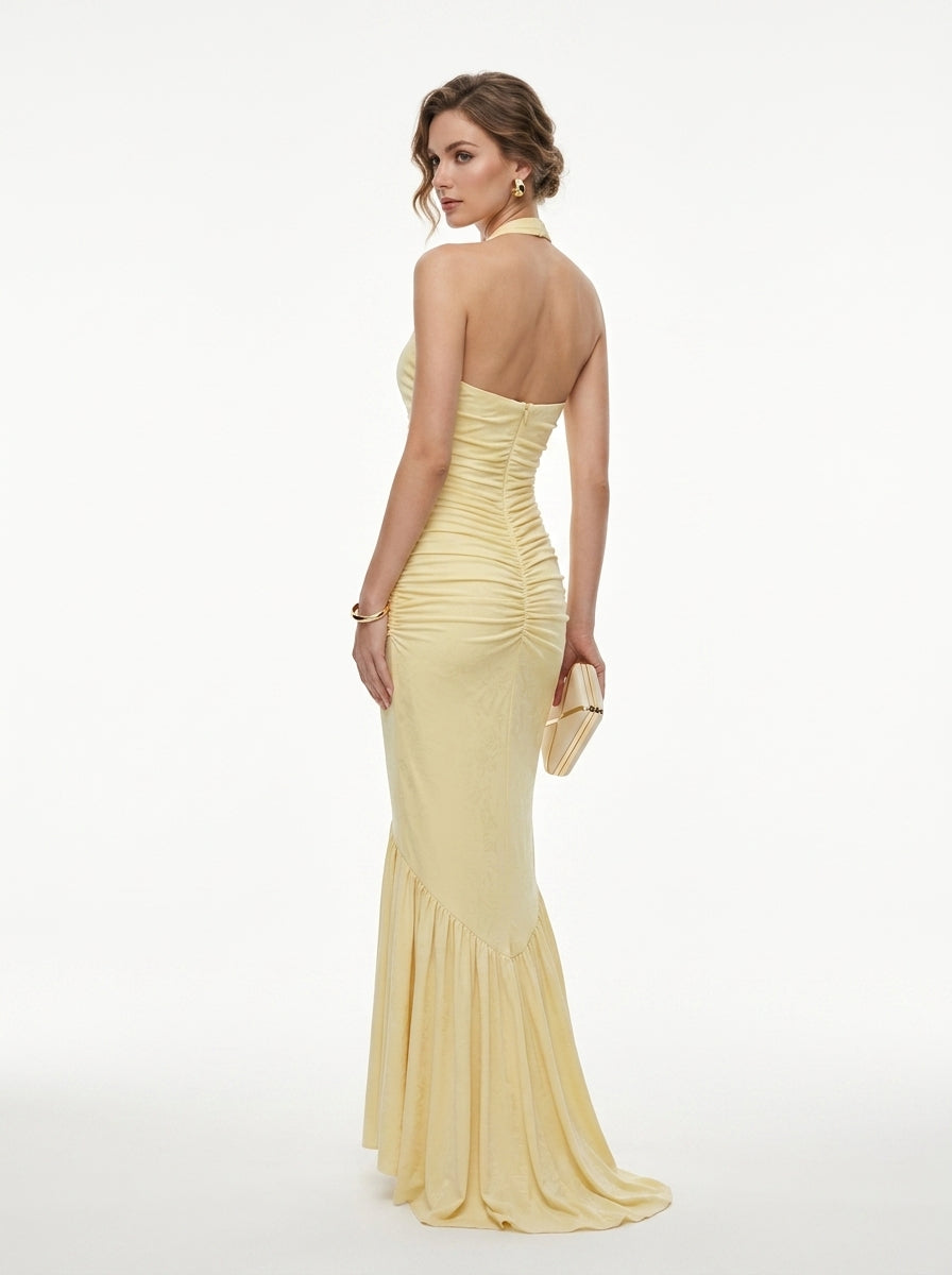 Women's Light Yellow Halter Neck Maxi Dress - Sexy Ruched Bodycon with Side Ruffle Slit Evening Gown