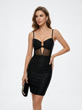 Women's Black Bodycon Dress - Sexy Spaghetti Strap Halter Neck with Cut Out Mesh Detail Club Mini Dress