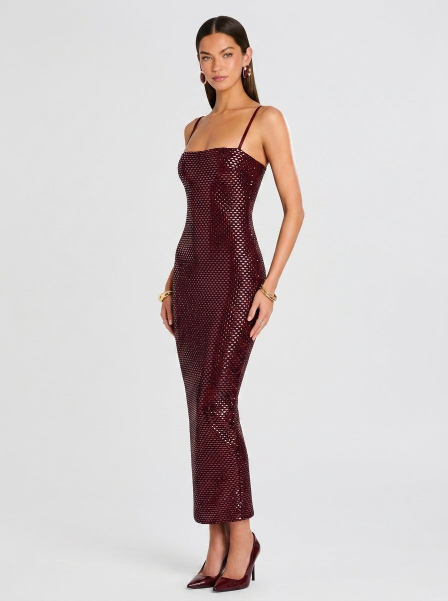 Women's Burgundy Sparkly Maxi Dress - Sexy Sequin Halter Neck with High Slit Backless Evening Gown