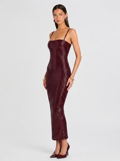 Women's Burgundy Sparkly Maxi Dress - Sexy Sequin Halter Neck with High Slit Backless Evening Gown