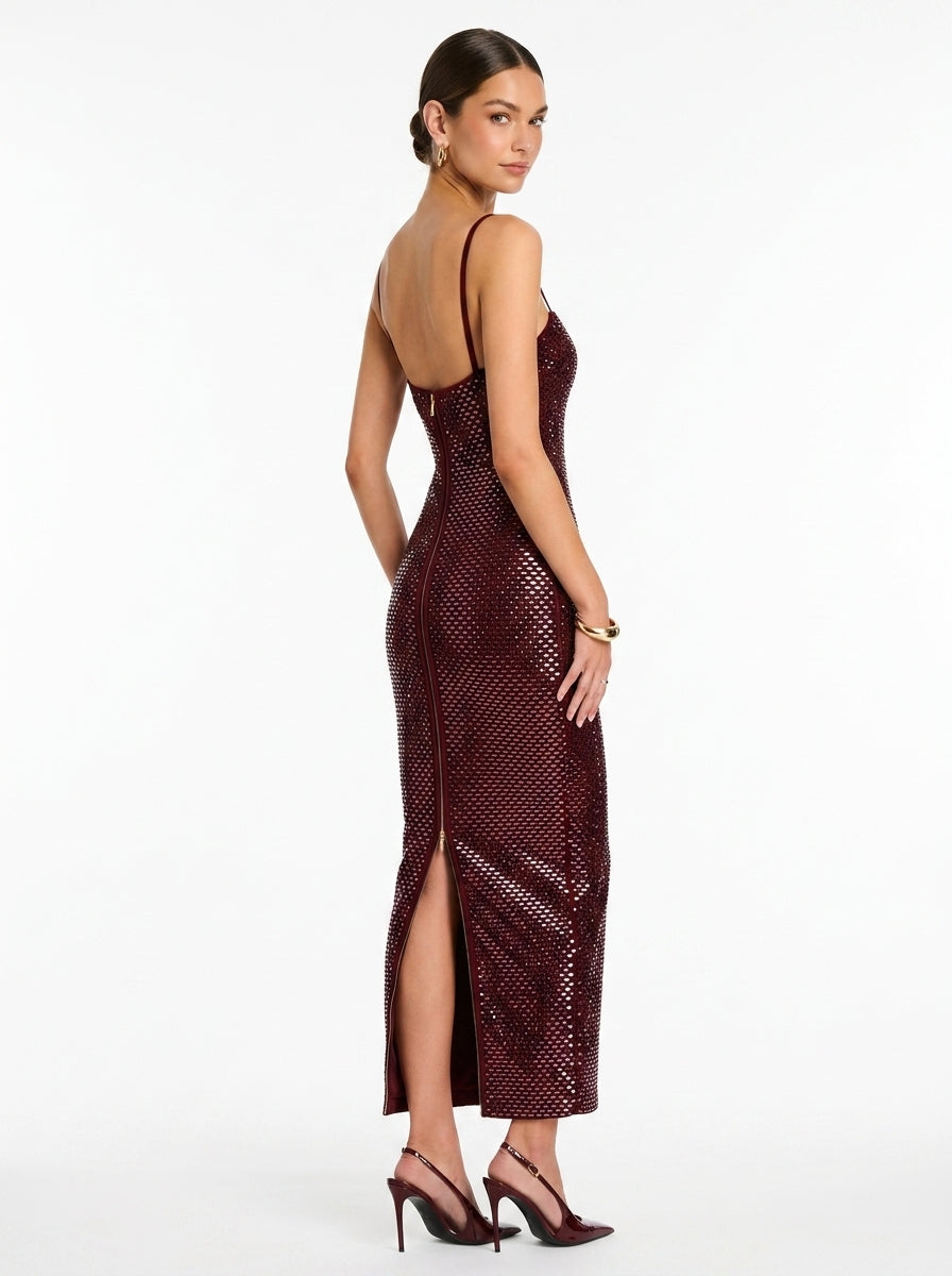 Vestido Maxi Borgoña Brillante para Mujer - Sexy Vestido de Noche con Lentejuelas, Cuello Halter, Abertura Alta y Espalda Descubierta