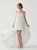 Women's Off-Shoulder Ruffle Dress - White High-Low Tulle Maxi Dress for Beach Wedding