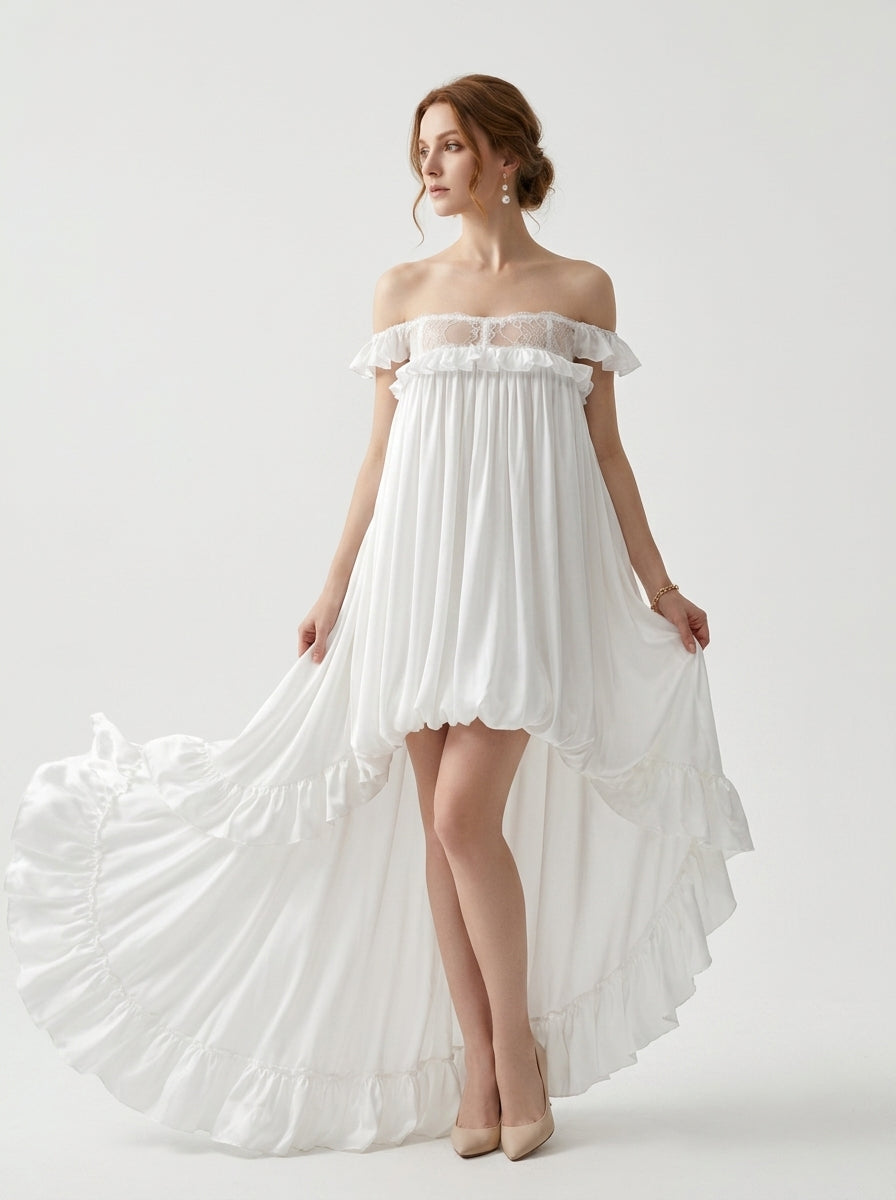 Women's Off-Shoulder Ruffle Dress - White High-Low Tulle Maxi Dress for Beach Wedding