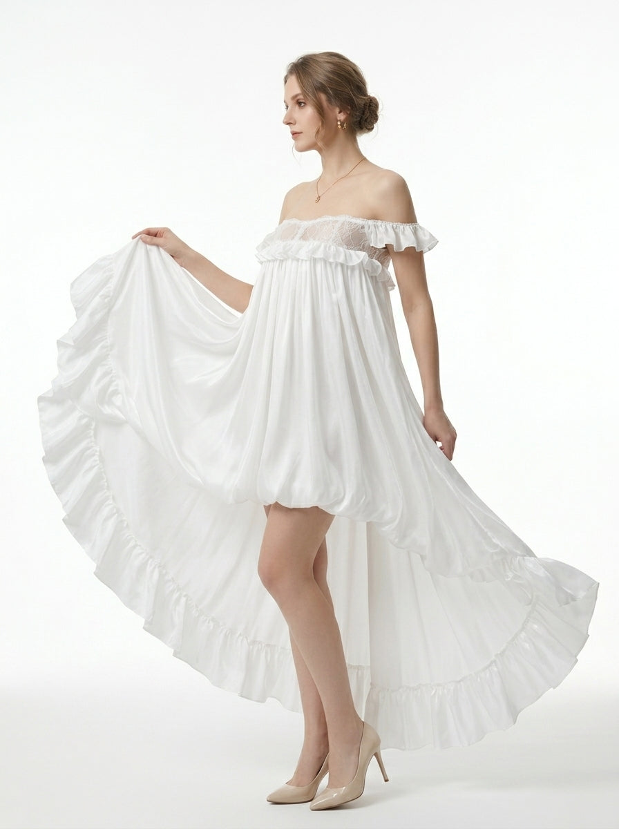 Women's Off-Shoulder Ruffle Dress - White High-Low Tulle Maxi Dress for Beach Wedding
