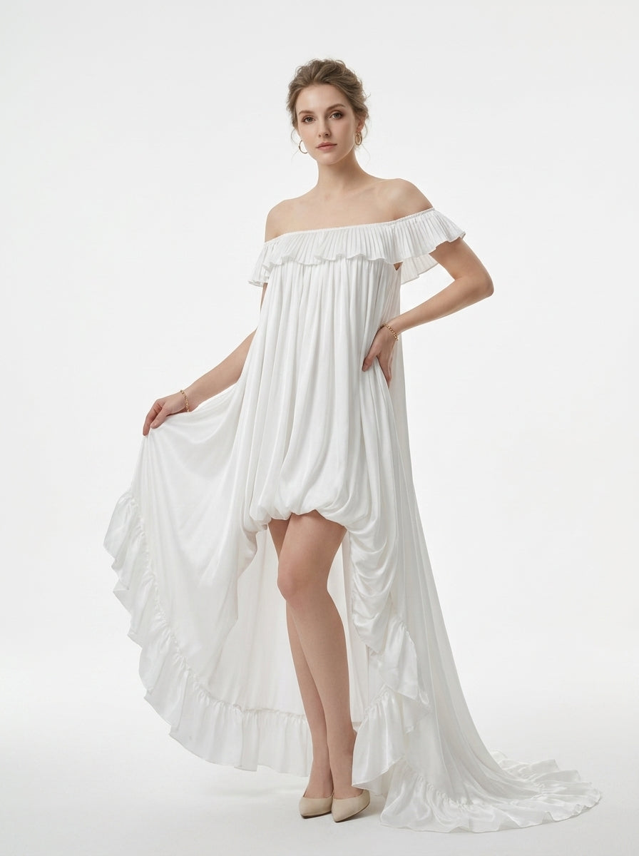 Women's Off-Shoulder Ruffle Dress - White High-Low Tulle Maxi Dress for Beach Wedding