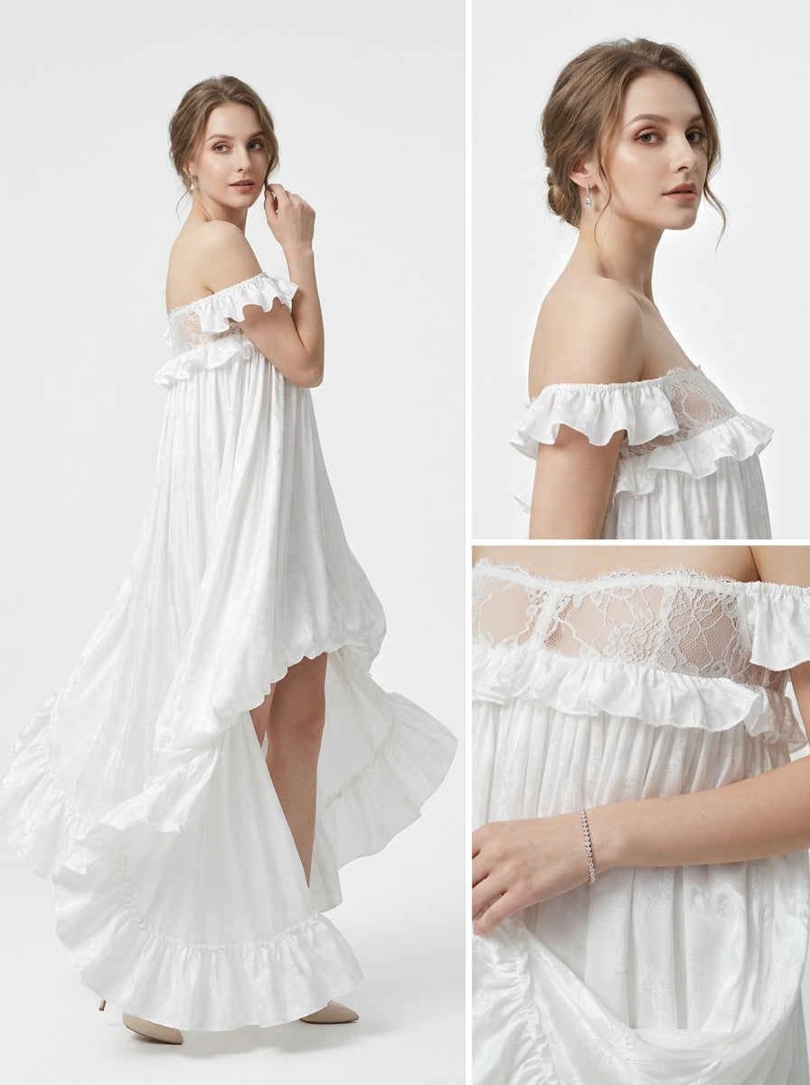 Women's Off-Shoulder Ruffle Dress - White High-Low Tulle Maxi Dress for Beach Wedding