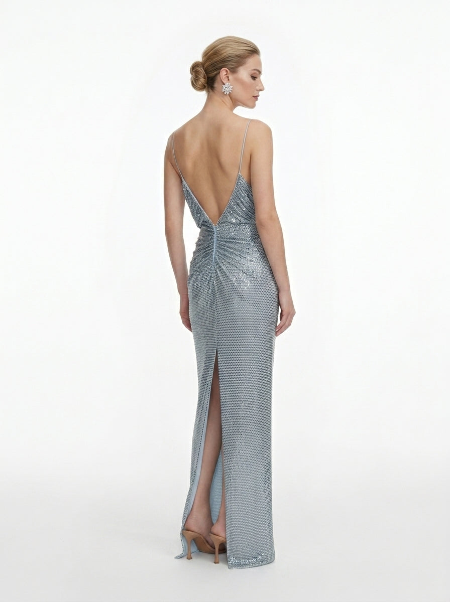 Women's Silver Sequin Gown - Sexy V-Neck Ruched Mesh Maxi Dress with High Slit for Party