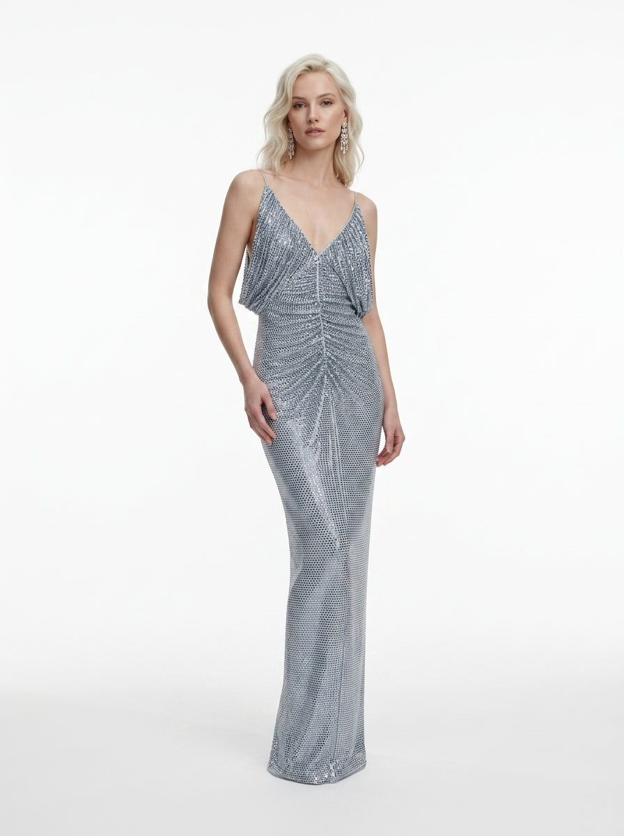 Women's Silver Sequin Gown - Sexy V-Neck Ruched Mesh Maxi Dress with High Slit for Party