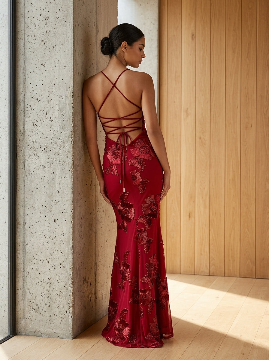 Women's Black Halter Neck Evening Gown with 3D Floral Appliques Mermaid Maxi Dress