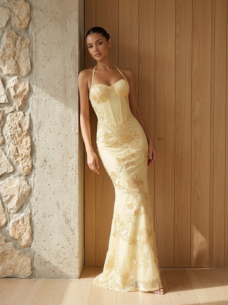 Women's Black Halter Neck Evening Gown with 3D Floral Appliques Mermaid Maxi Dress