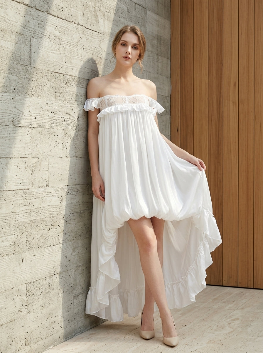 Women's Off-Shoulder Ruffle Dress - White High-Low Tulle Maxi Dress for Beach Wedding