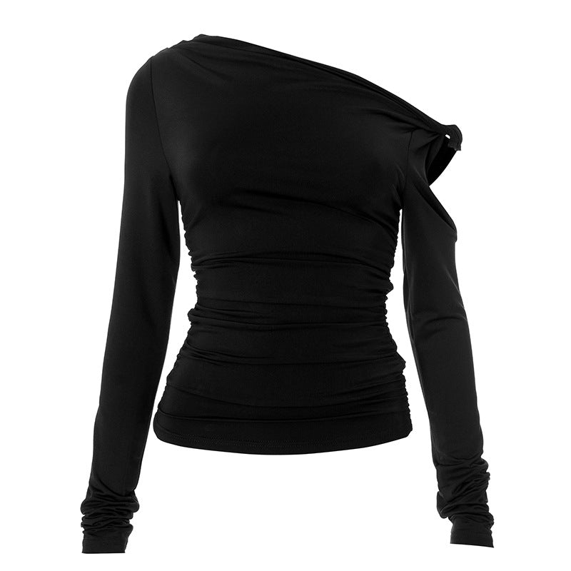 European and American fashion autumn new solid color one-shoulder slope collar pleated asymmetrical sexy long-sleeved top for women