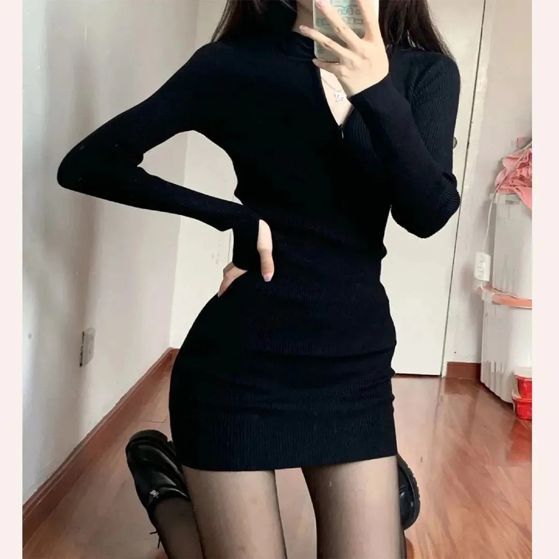 CurvesSense 2024 Autumn and Winter Fashion Women's Trendy Slim Skirt Ribbed Zipper Long Sleeve Dress Bodycon Casual Style Womenswear