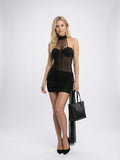 Women's Sexy Halter Mesh Bandage Dress - Black Bodycon Mini Dress with Asymmetric Chiffon Detail