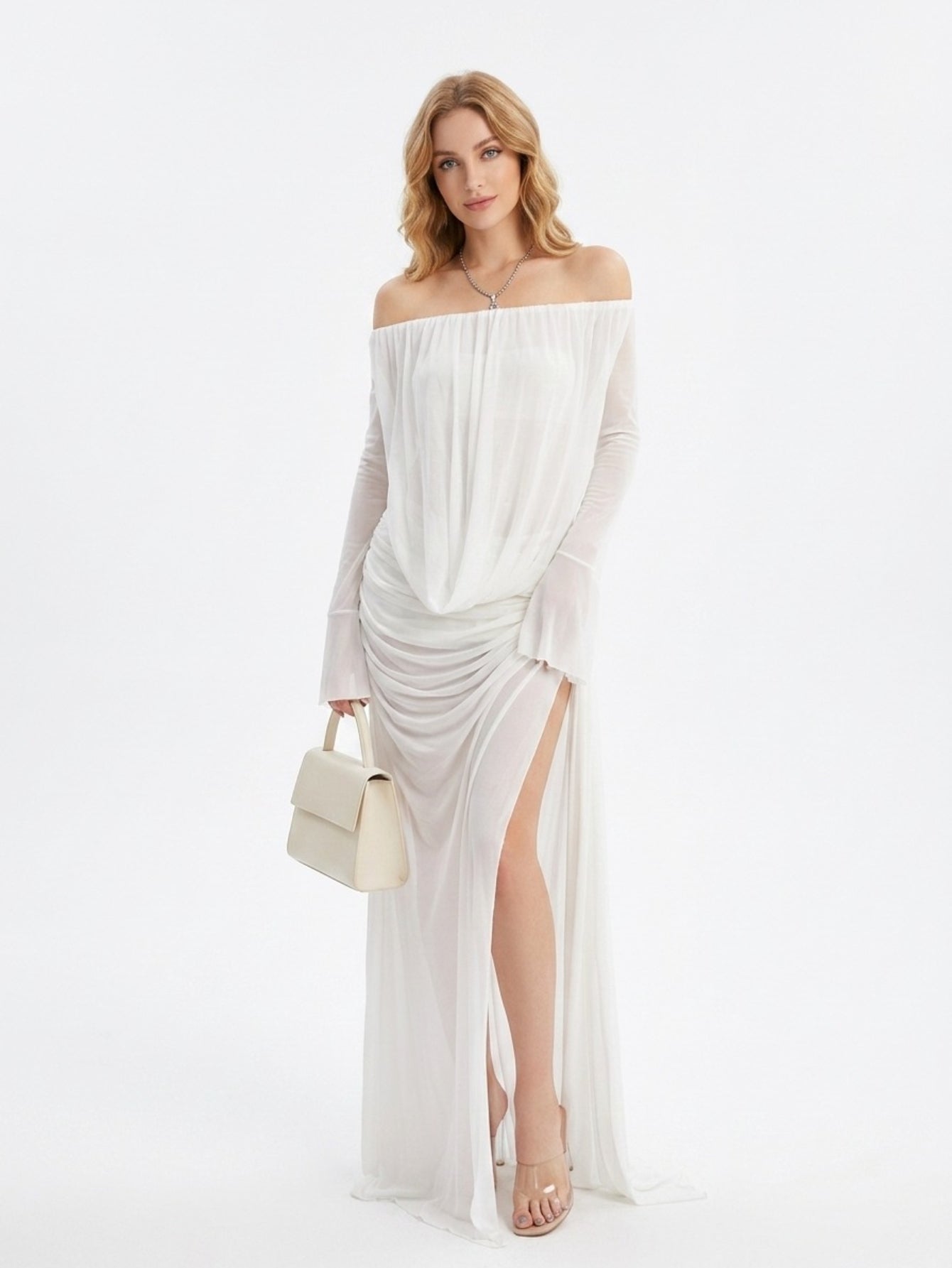 Women's Off Shoulder Maxi Dress - White Chiffon Long Sleeve Formal Gown with High Slit & Draped Ruched Detail