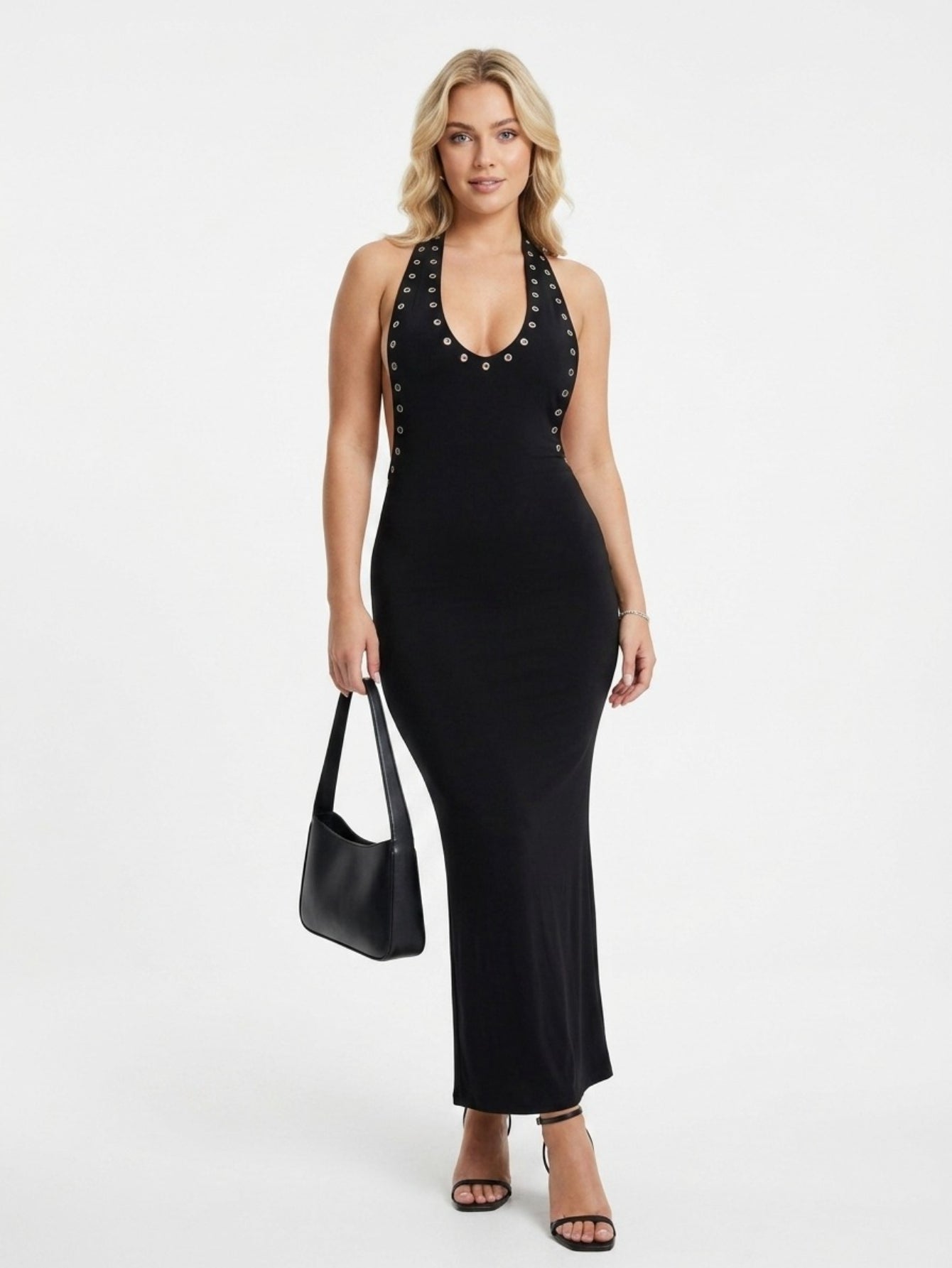 Women's Black Halter Maxi Dress - Studded Cutout Backless Gown with Slinky Jersey | Elegant Party Evening Dress