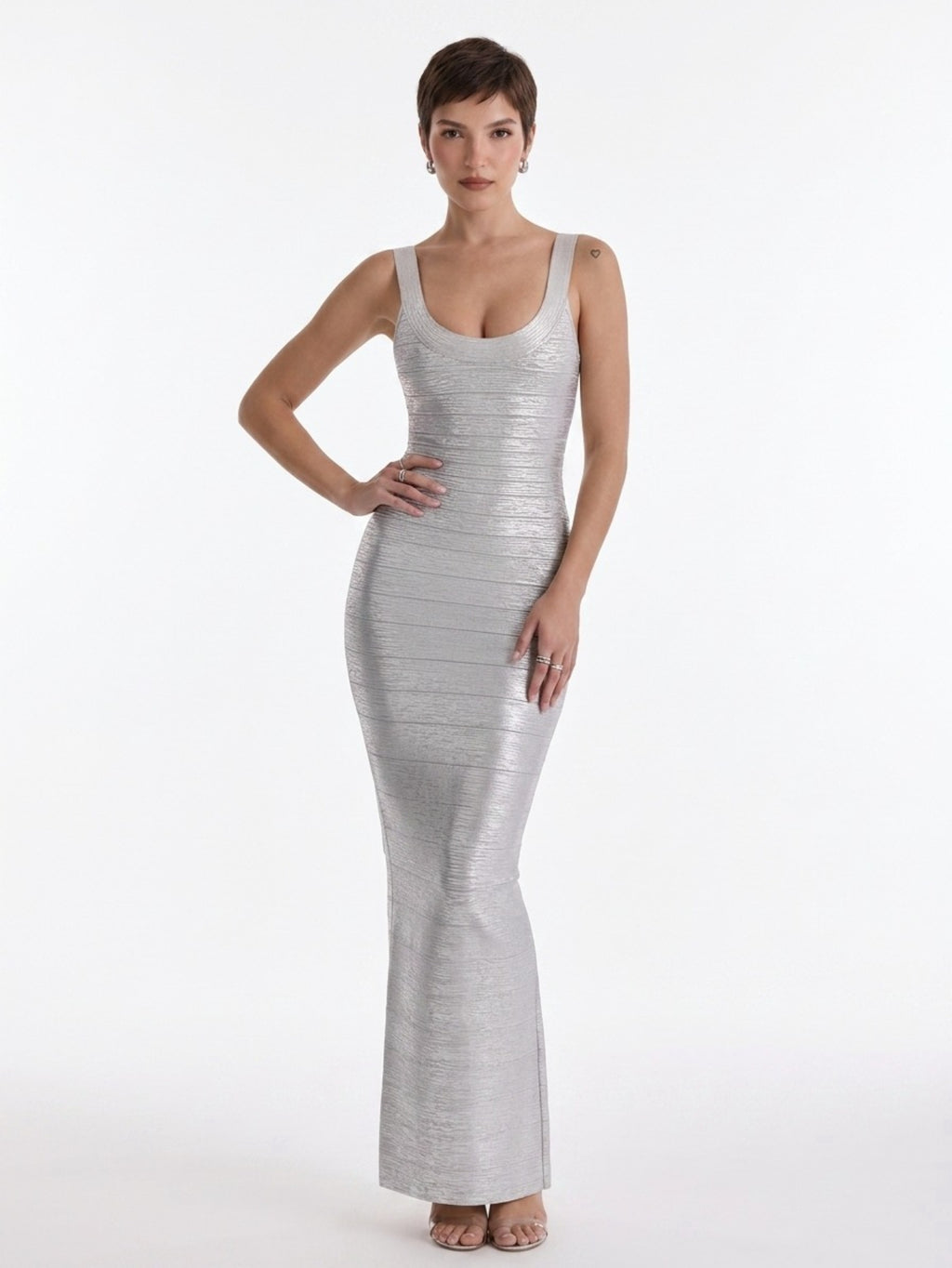 Women's Metallic Maxi Dress - Gold/Silver Sleeveless Bodycon V-Neck Evening Gown