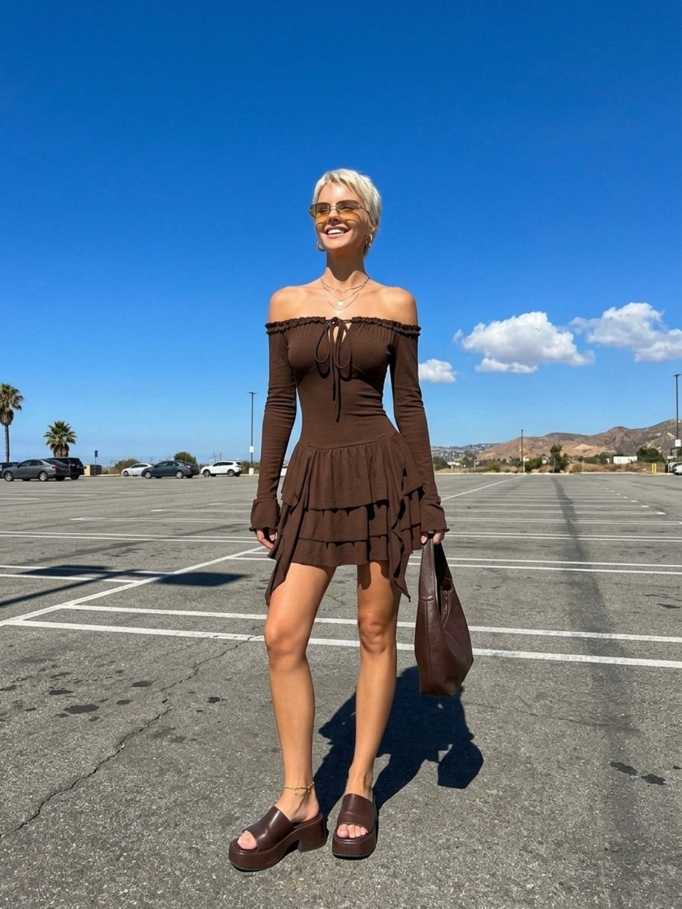 Women's Off Shoulder Tiered Midi Dress - Brown Long Sleeve Knit Sweater Dress with Puff Sleeves and Bow Tie