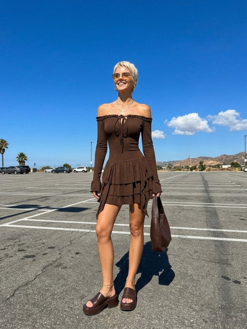 Women's Off-Shoulder Tiered Midi Dress - Brown Long Sleeve Knit Sweater Dress with Puff Sleeves and Bow Tie