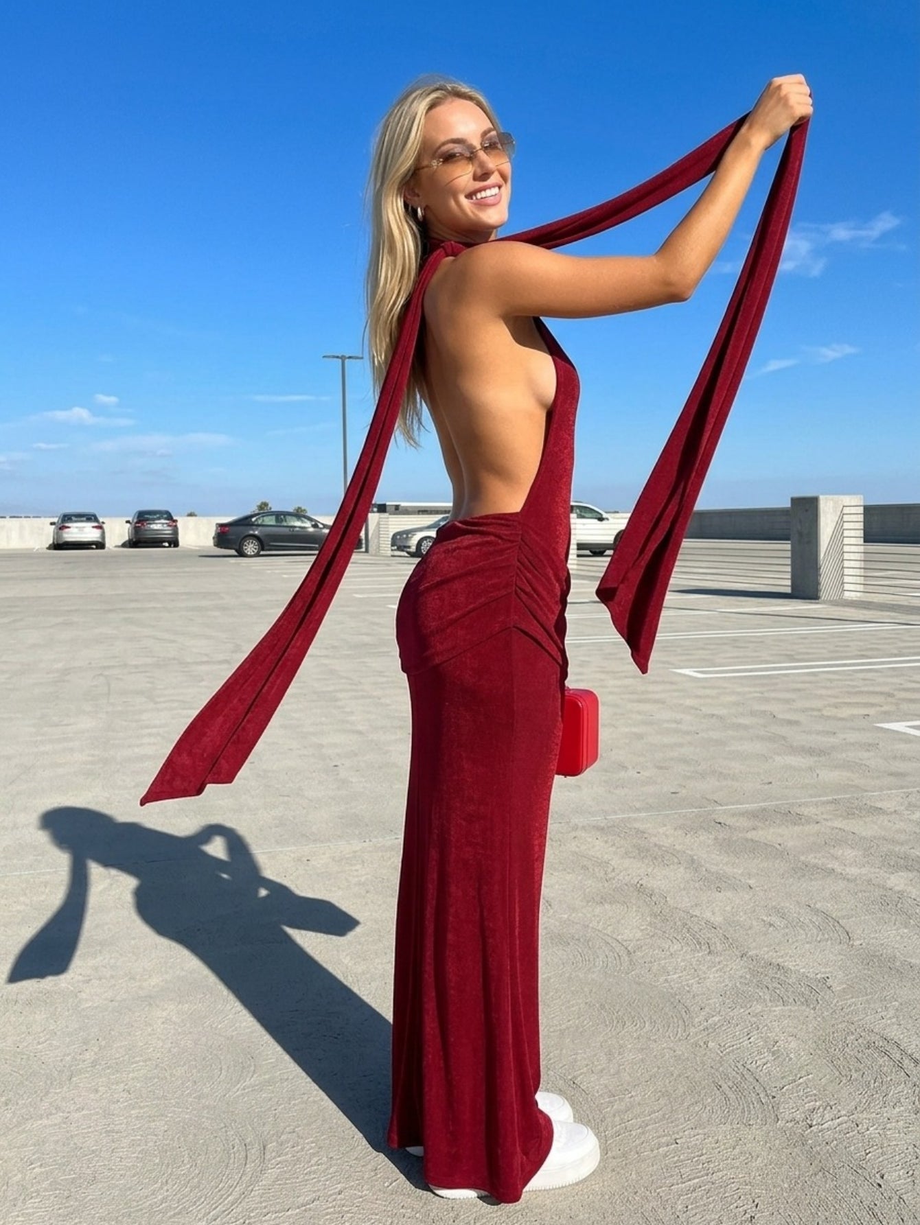 Women's Red Halter Neck Maxi Dress - Open Back with Sleeve Tie Drape Detail | Elegant Evening Gown for Formal Party Prom