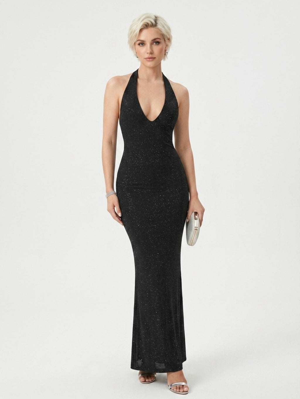 Women's Sparkly Halter Neck Maxi Dress - Sexy Deep V Plunging Neckline Mermaid Hem Evening Party Gown