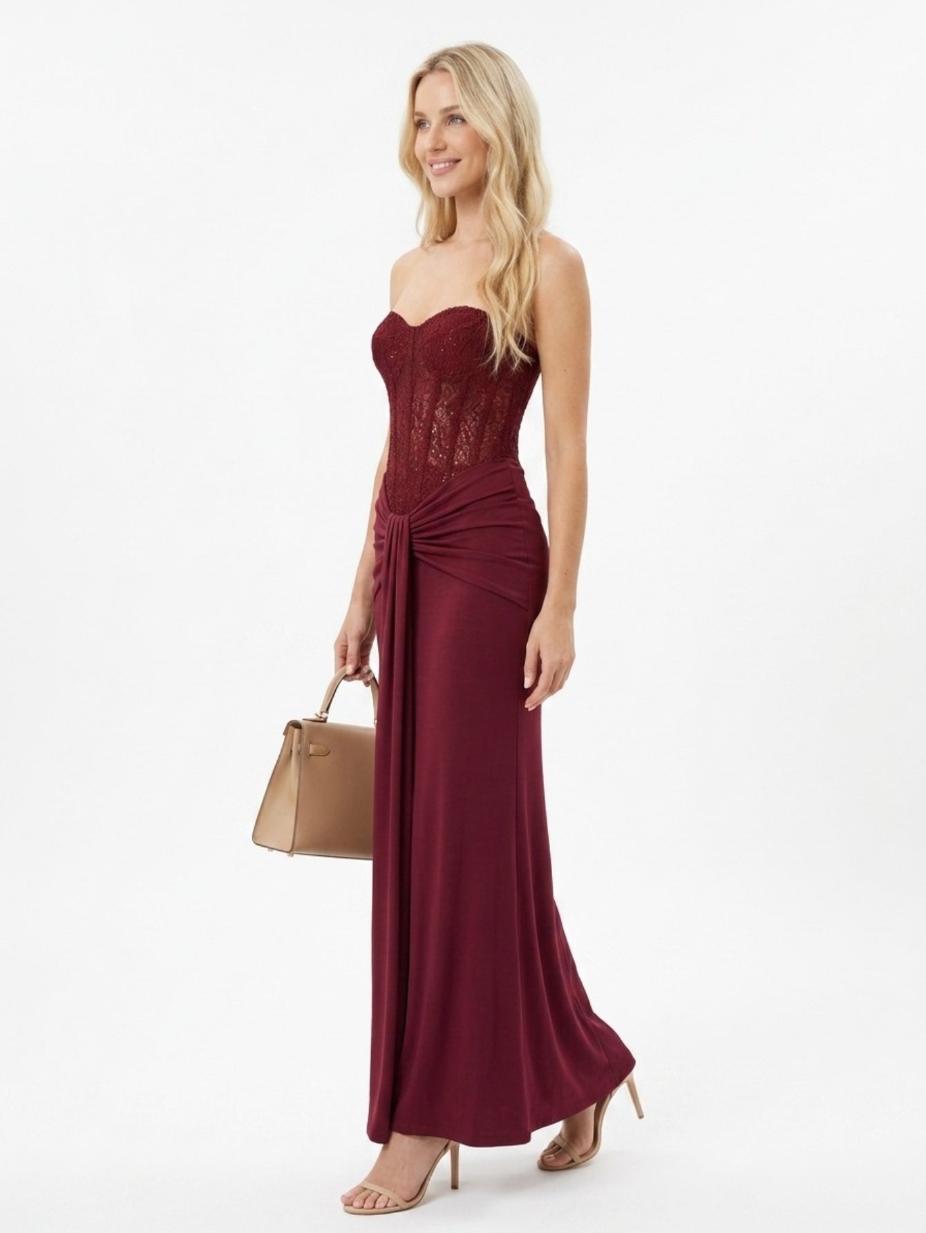 Women's Elegant Strapless Backless Long Dress with Ruched Detail Perfect for Party & Formal Events, Woven Fabric with Slight Stretch