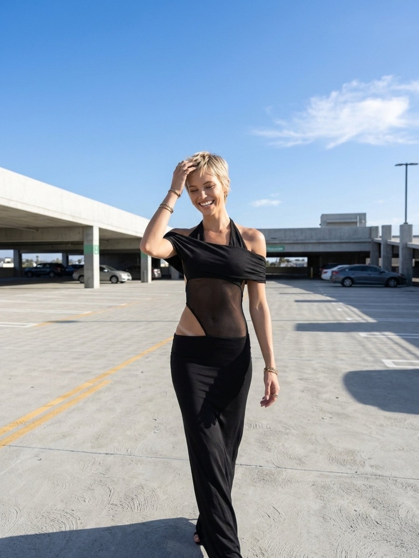 Women's Sexy Cutout Maxi Dress - Off Shoulder Mesh Panel Design with High Slit for Party