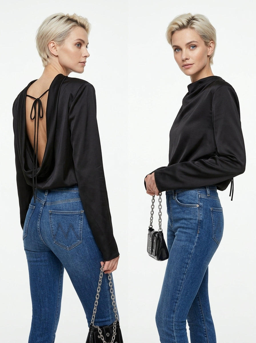 Women's High Neck Satin Blouse with Flared Sleeves - Elegant Solid Color Turtleneck Top for Office and Evening Wear