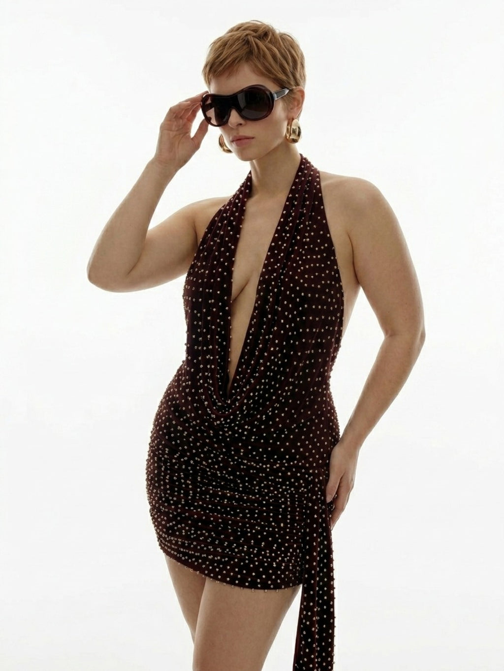 Women's Halter Studded Mini Dress - Burgundy/Gold Sultry Bodycon Evening Clubwear