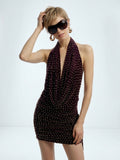 Women's Halter Studded Mini Dress - Burgundy/Gold Sultry Bodycon Evening Clubwear