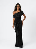 Women's One Shoulder Evening Gown - Black Draped Knot Detail Maxi Dress for Formal Occasions