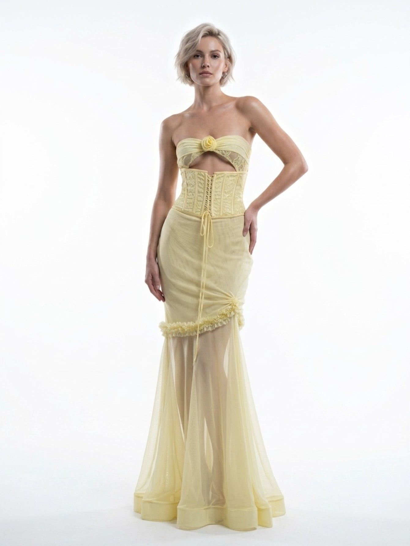 Women's Yellow Strapless Corset Gown - Floral Applique Cutout Tulle Mermaid Evening Dress