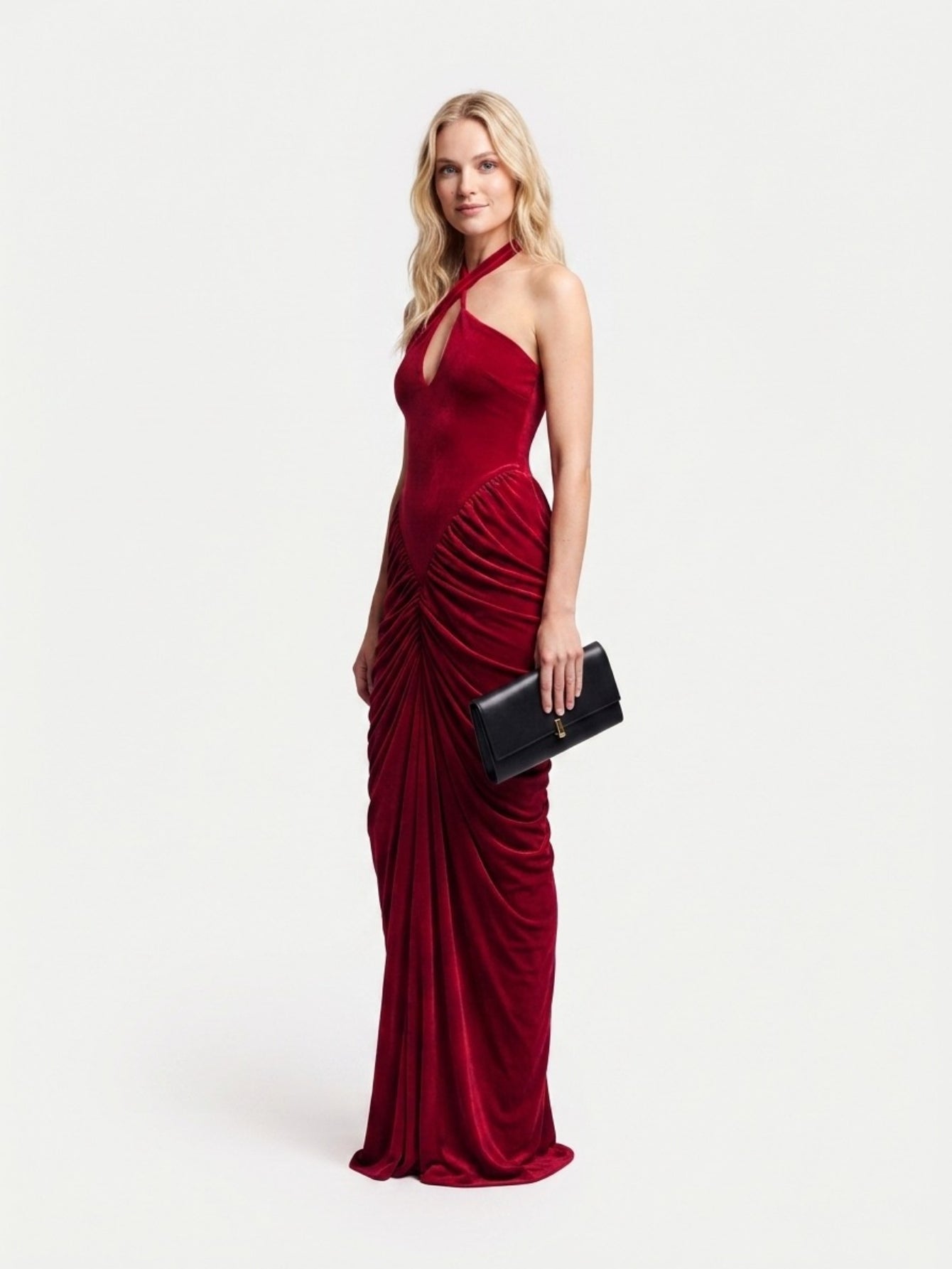 Women's Halter Neck Ruched Maxi Dress - Red Sexy Cutout Evening Gown with Asymmetric Hem