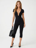 Women's Deep Plunging Neck Jumpsuit - Cutout Bodycon Short Sleeve Catsuit | Sexy Elegant Cocktail Party Romper