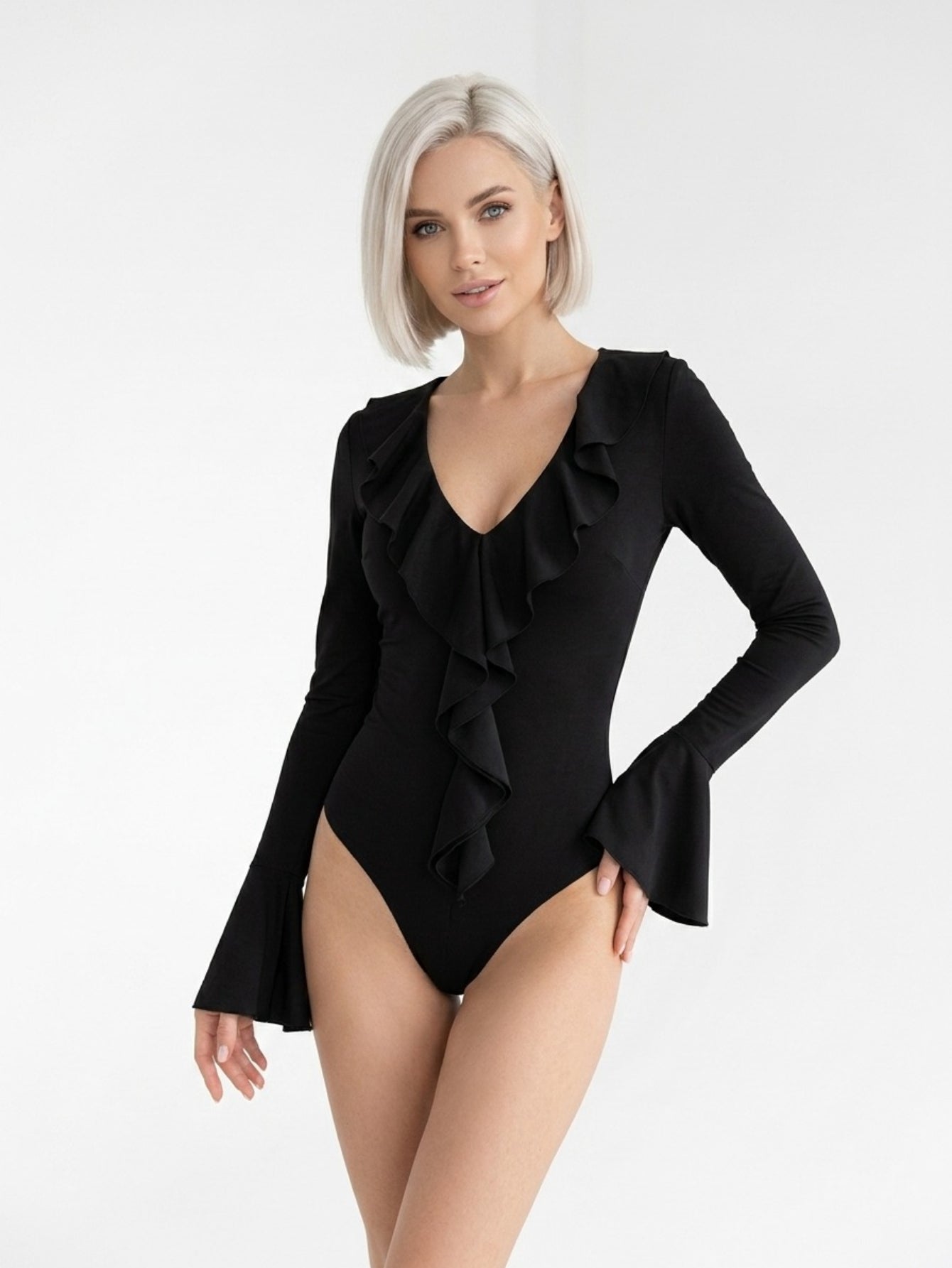 Women's Contrast Color Ruffle Halter Neck Bodysuit - Sexy Deep V Long Sleeve Flared Sleeve Elegant One Piece Jumpsuit for Party Casual Daily