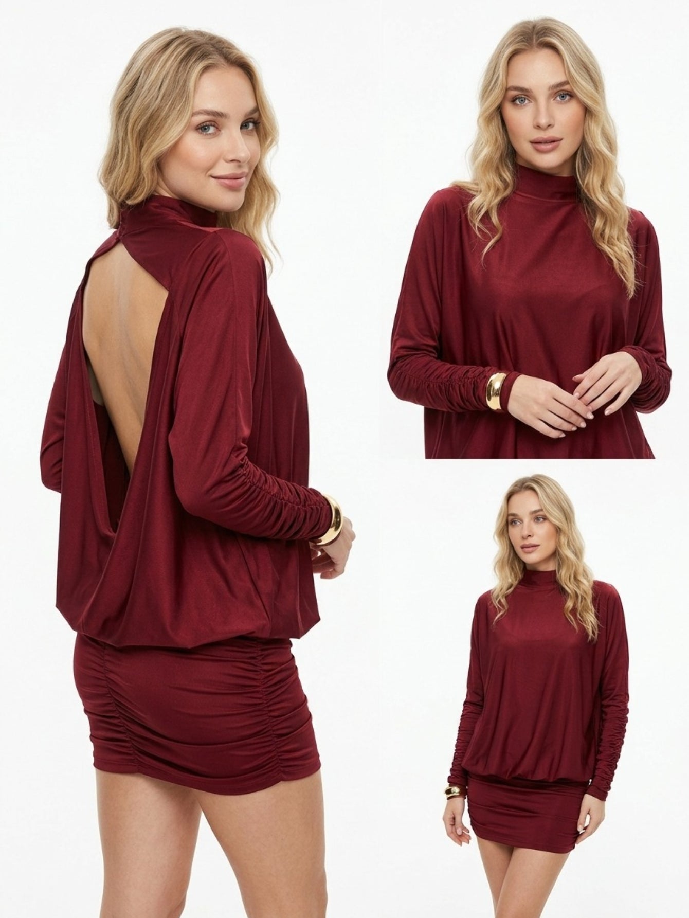 Women's Burgundy Satin Midi Dress - High Neck Backless Party Dress with Draped Sleeves, Elegant Cocktail Gown for Evening Events