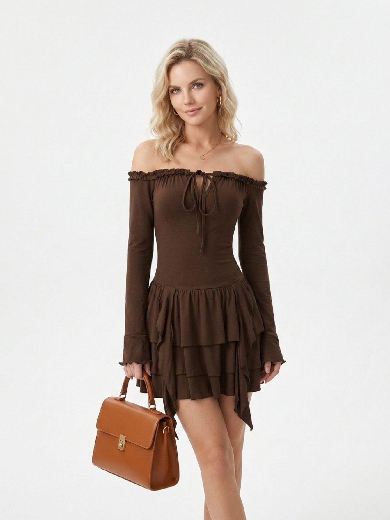 Women's Off Shoulder Tiered Midi Dress - Brown Long Sleeve Knit Sweater Dress with Puff Sleeves and Bow Tie