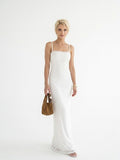 Women's White Lace Maxi Dress - Spaghetti Strap Sleeveless Column Gown for Summer & Bridal Events